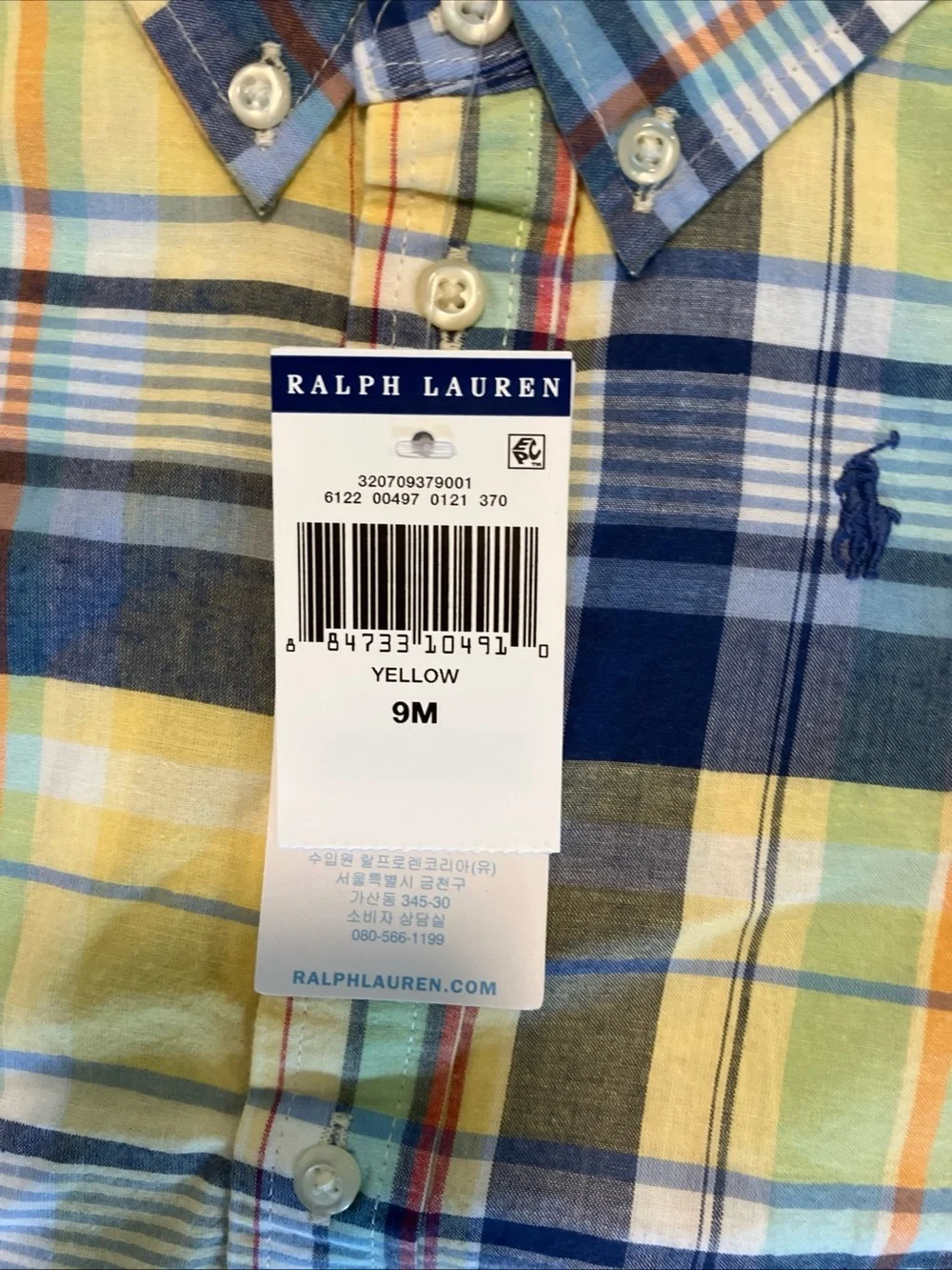 Ralph Lauren Baby Boys Blue Yellow Button up Short sleeve shirt Sz9 Month